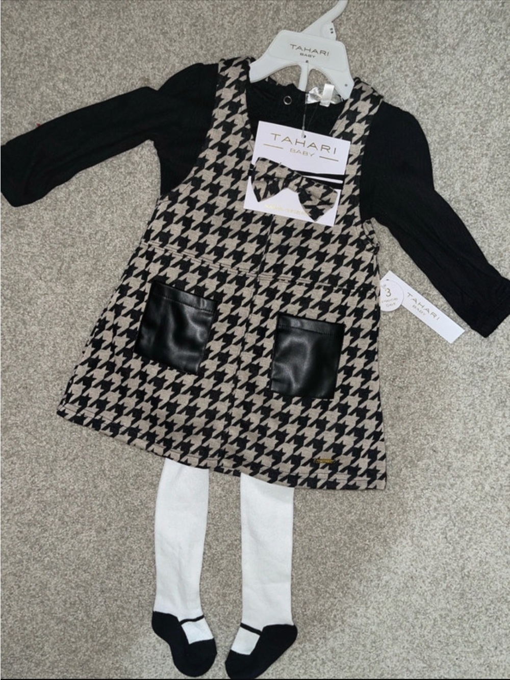 Tahari Black & Cream Houndstooth Pinafore with Faux-Leather Pockets